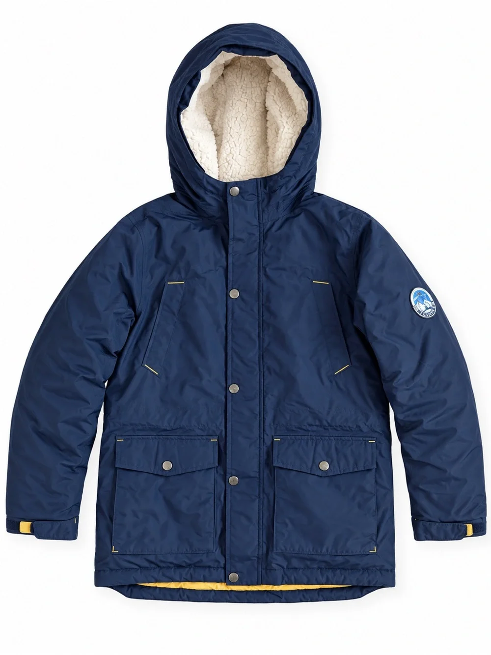 Lands’ End Kids Down Parka Sherpa Lined Hooded Coat Navy Yellow Medium 10-12